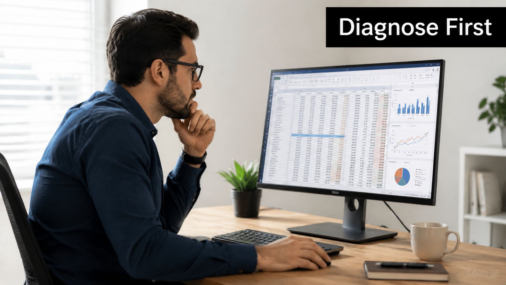 A professional man analyzing data charts and spreadsheets on a computer screen while working at his desk.