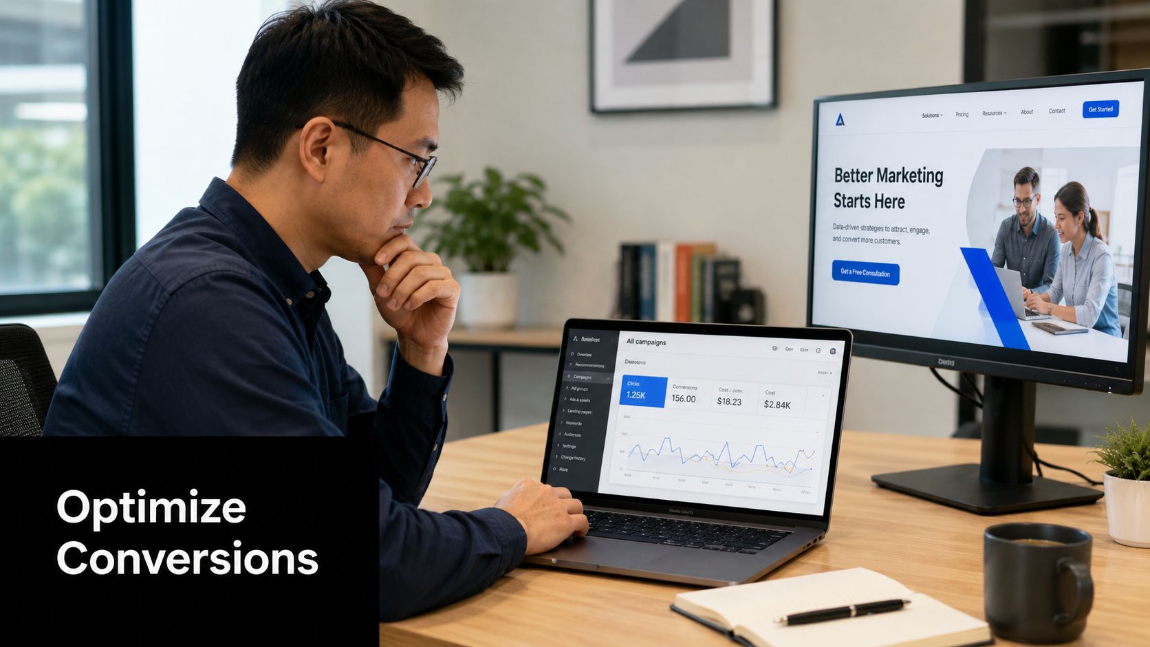 A professional man sitting at a desk while analyzing marketing campaign data on his laptop and monitor.