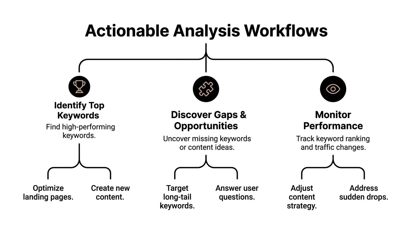 A flowchart diagram explaining actionable analysis workflows for SEO, including identifying keywords, discovering opportunities, and monitoring performance.