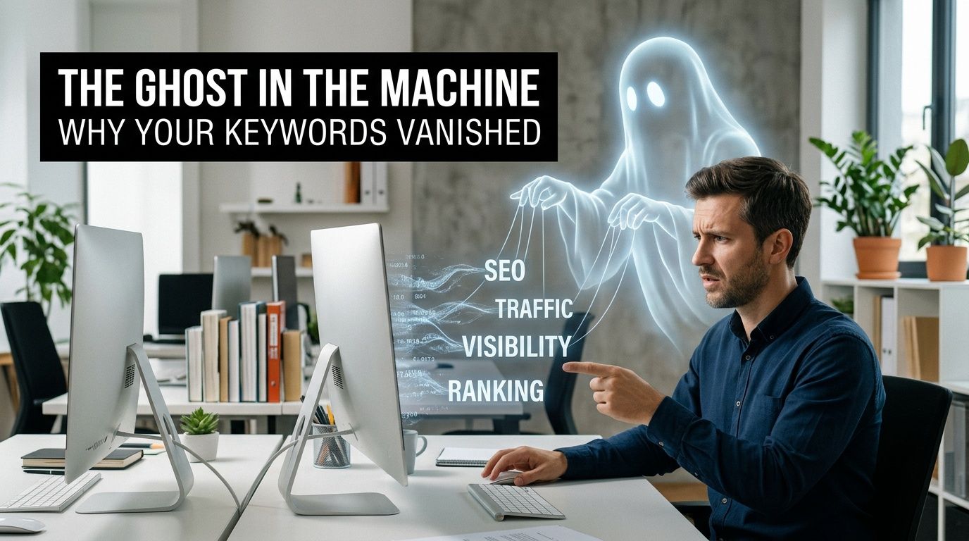 A concerned man points at a screen where a ghostly figure manipulates SEO, traffic, visibility, and rankings.