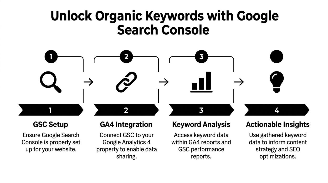 A four-step infographic showing how to unlock organic search data using Google Search Console and Google Analytics.