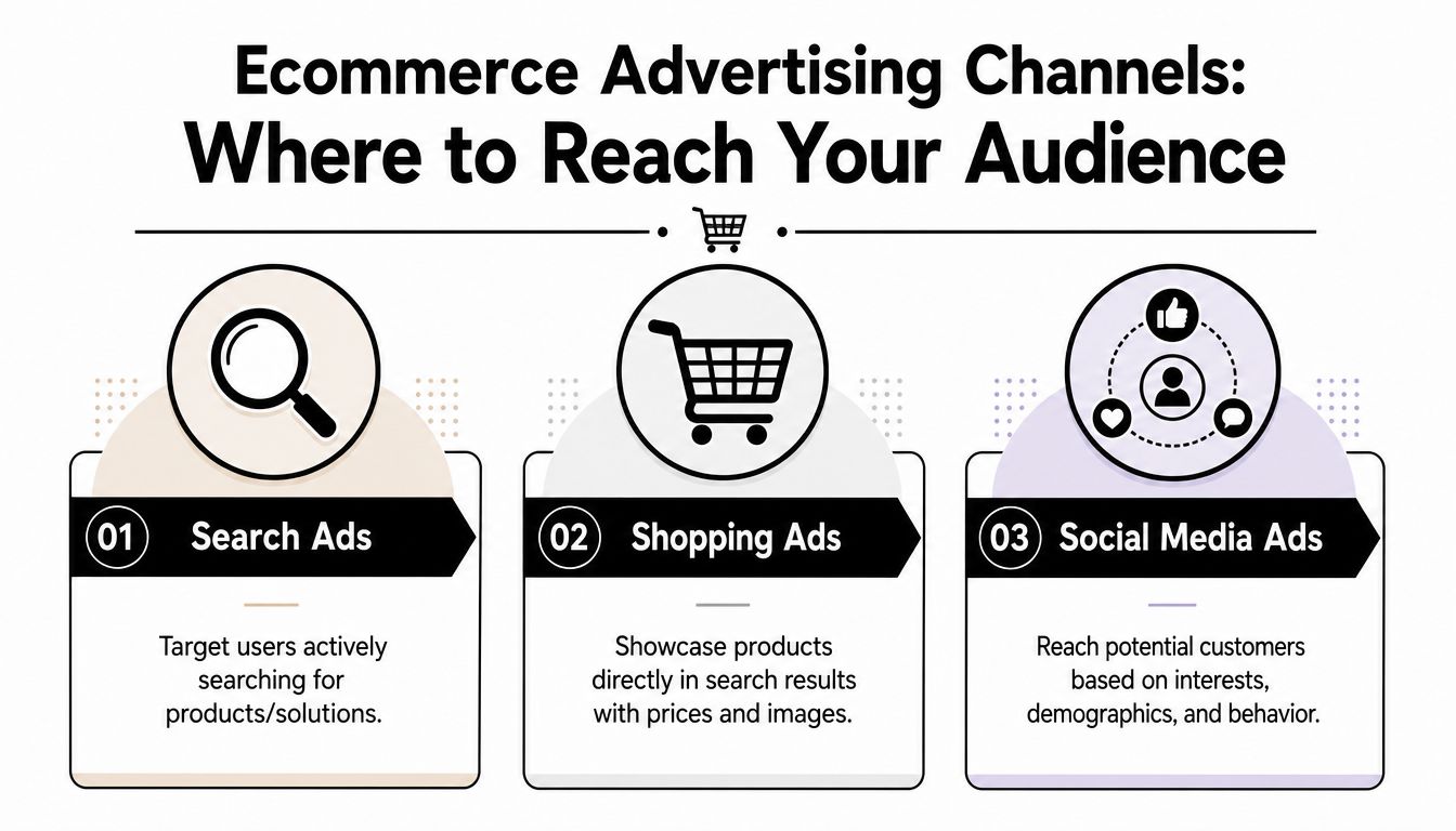 A visual guide outlining three key ecommerce advertising channels: search ads, shopping ads, and social media ads.