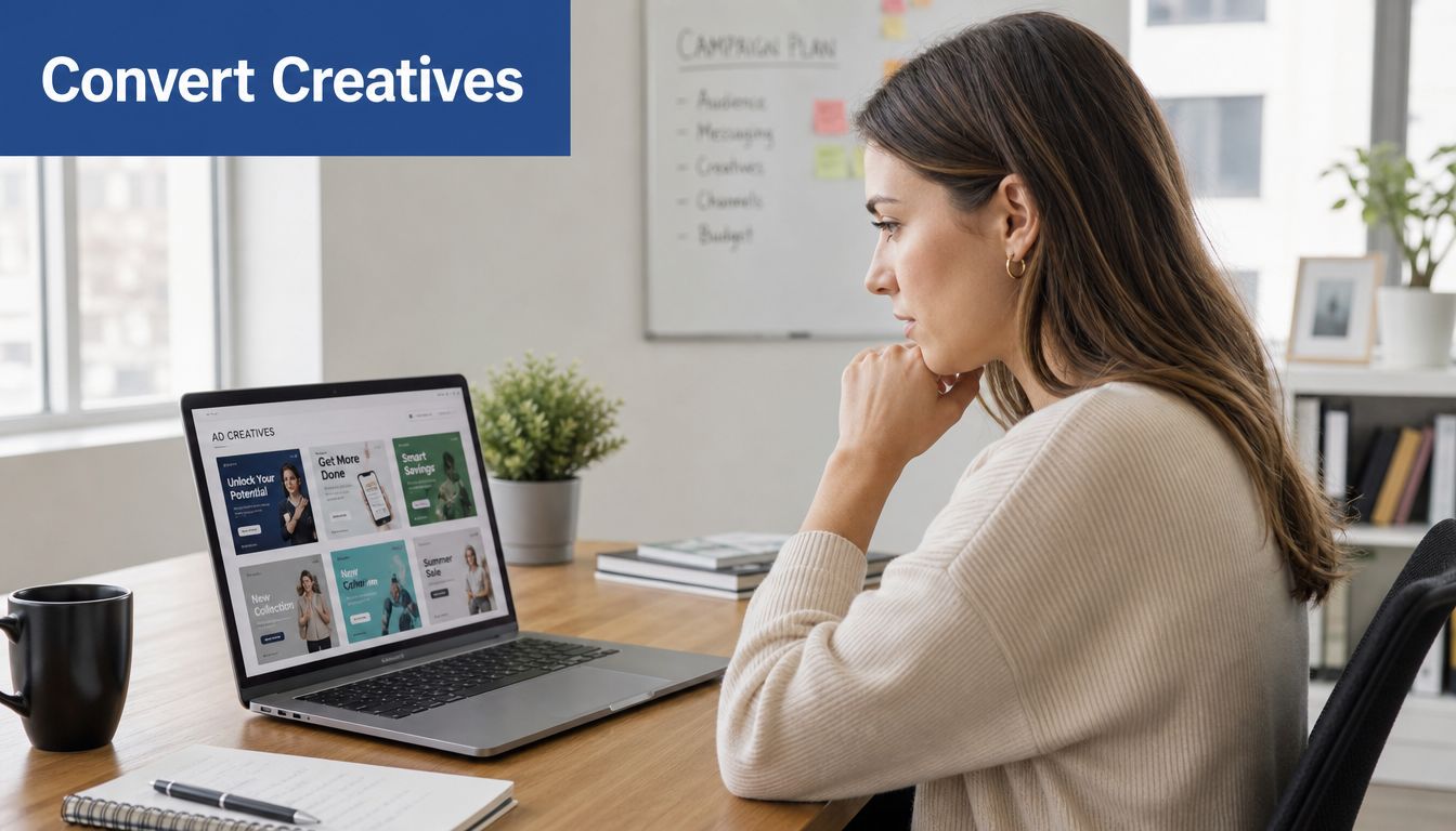 A professional woman working on an e-commerce advertisement campaign on her laptop in a bright office.
