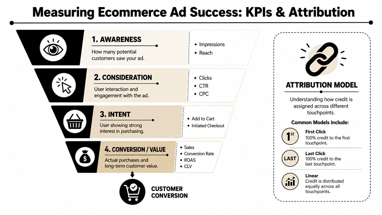 A funnel diagram illustrating the stages of ecommerce advertising, including KPIs and common marketing attribution models.