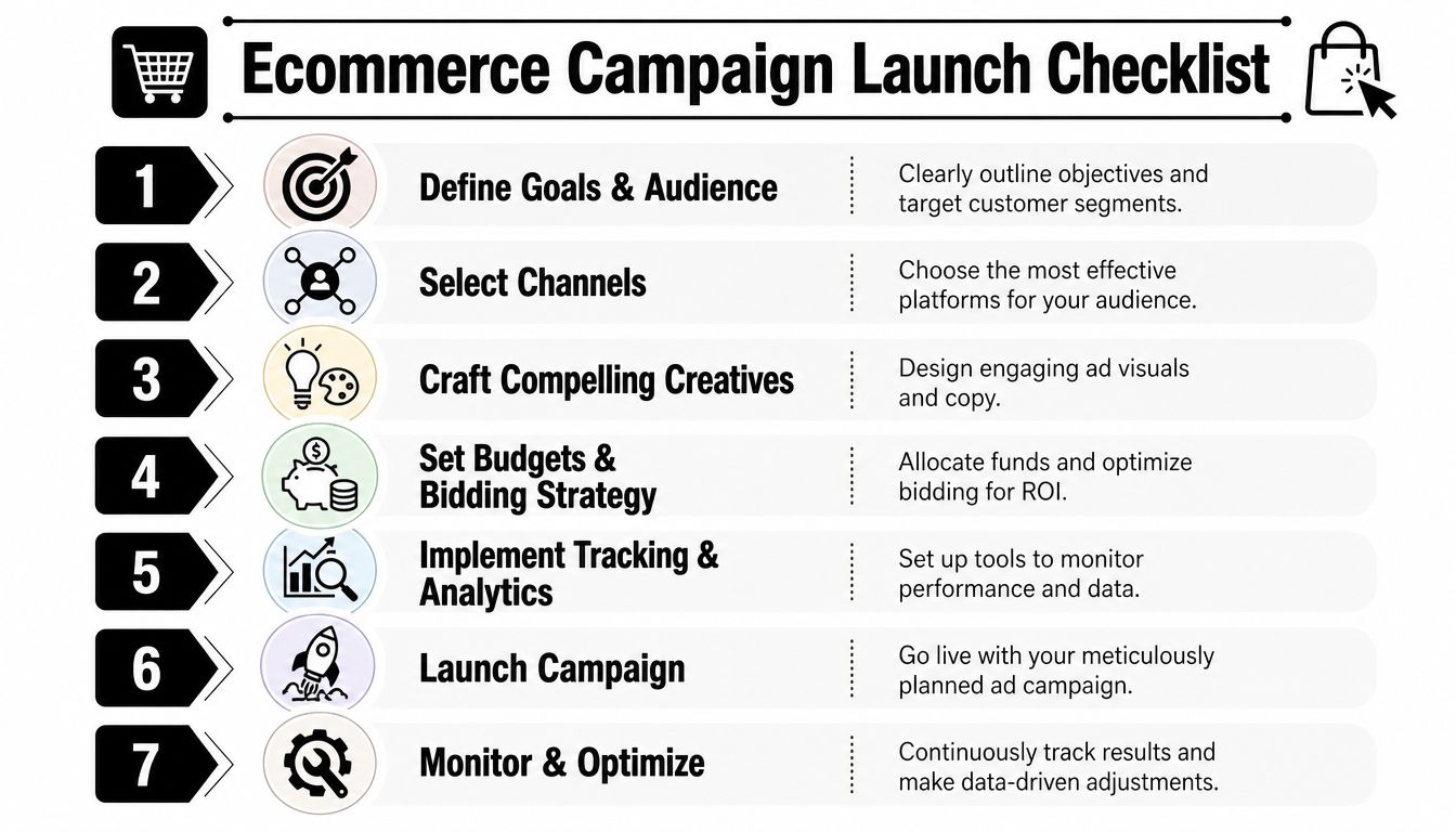 A seven-step checklist for launching an effective ecommerce advertising campaign from planning to optimization.
