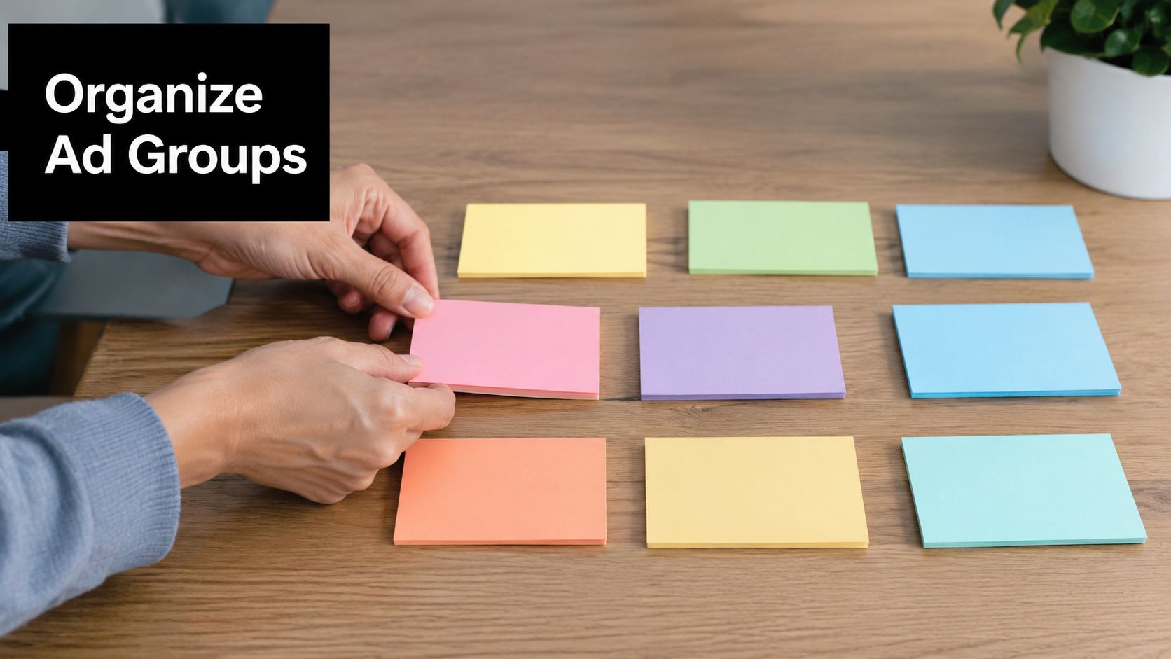 A person organizing colorful sticky notes on a wooden desk to help plan ad groups.