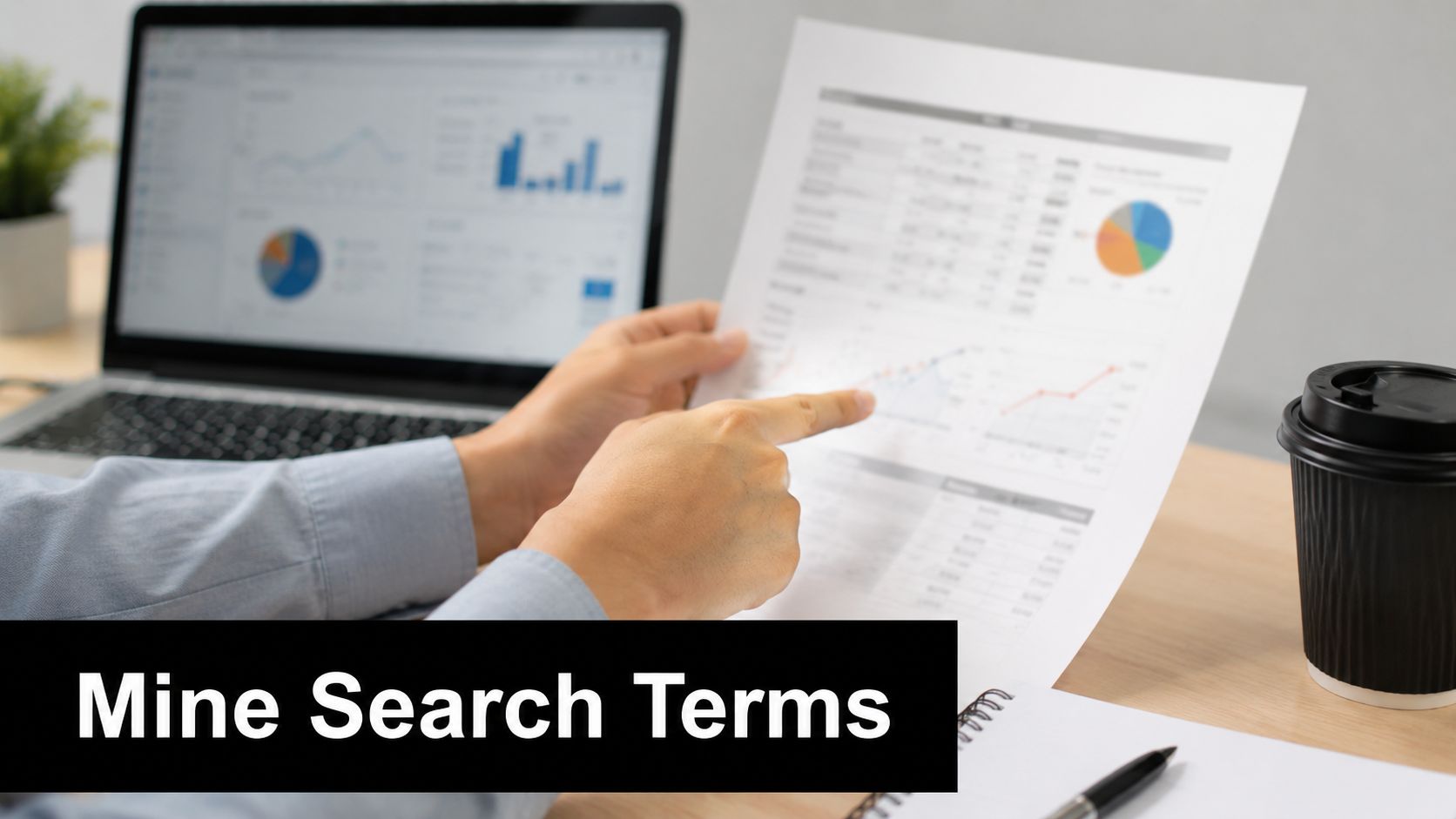 A professional analyzing financial business charts on a document while looking at a laptop screen.
