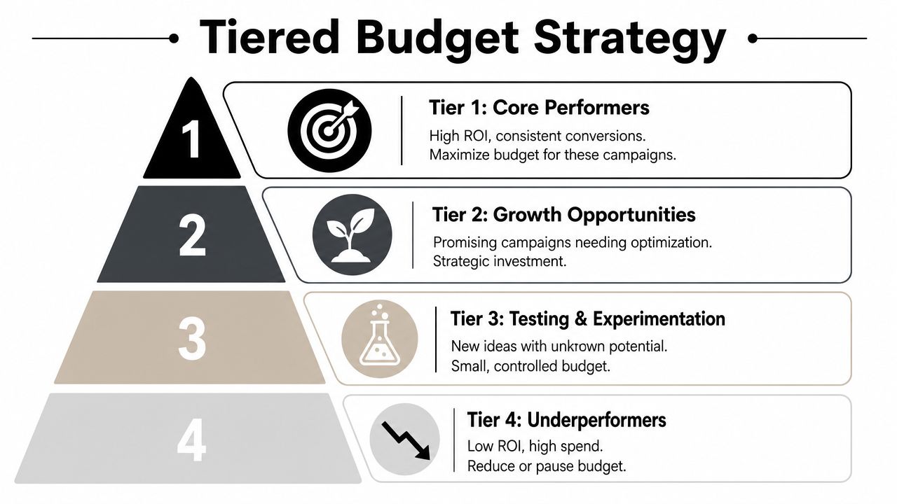 A four-tier pyramid chart illustrating a tiered budget strategy for marketing campaigns and investment allocation.