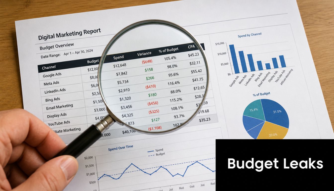 A hand holding a magnifying glass over a digital marketing budget report with data tables and charts.
