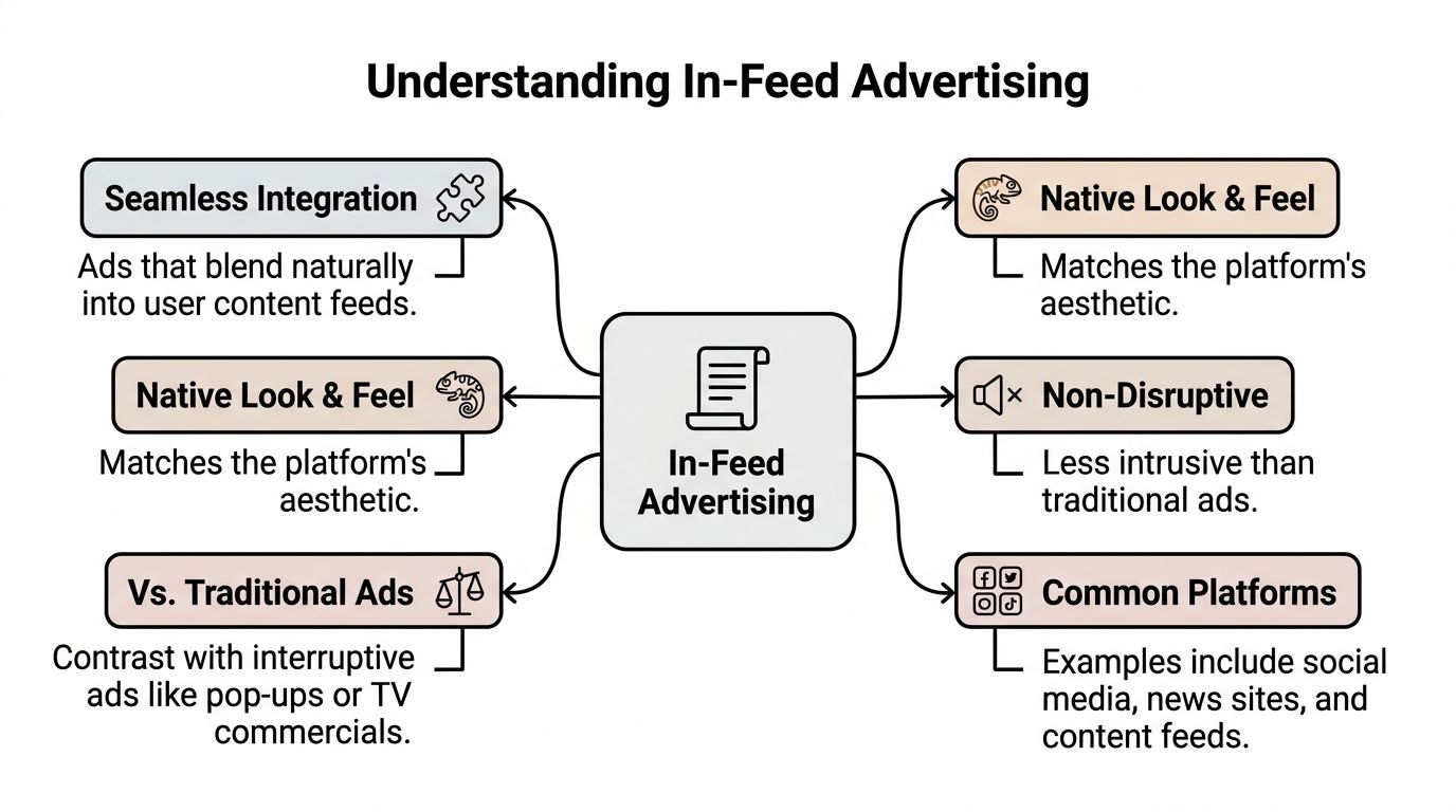 A mind map infographic illustrating the key concepts and benefits of in-feed advertising for digital marketers.