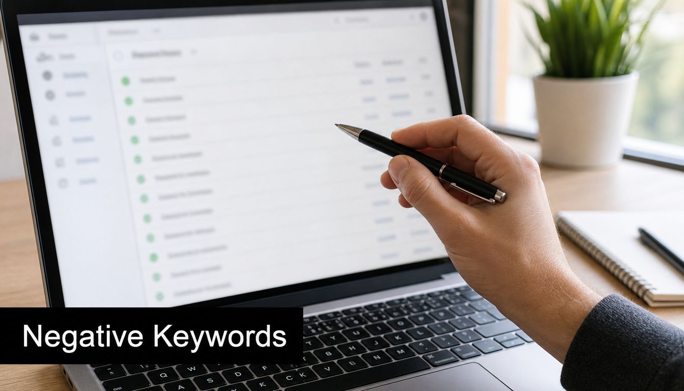 A person using a pen to point at a laptop screen displaying a list of negative keywords.