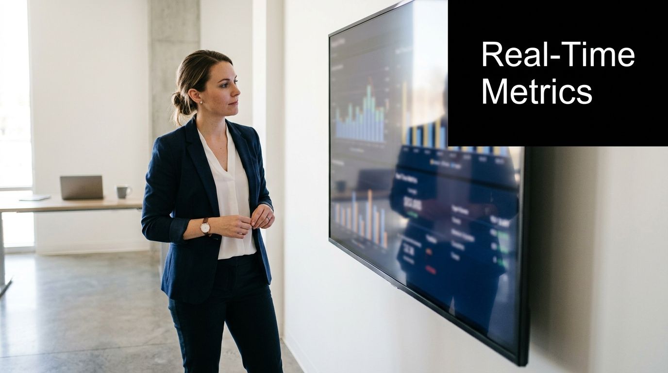 A professional woman in a suit observes real-time data metrics displayed on a large wall screen.