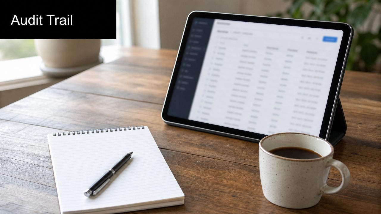 A digital tablet showing an audit trail on a wooden desk with a notebook and coffee mug.
