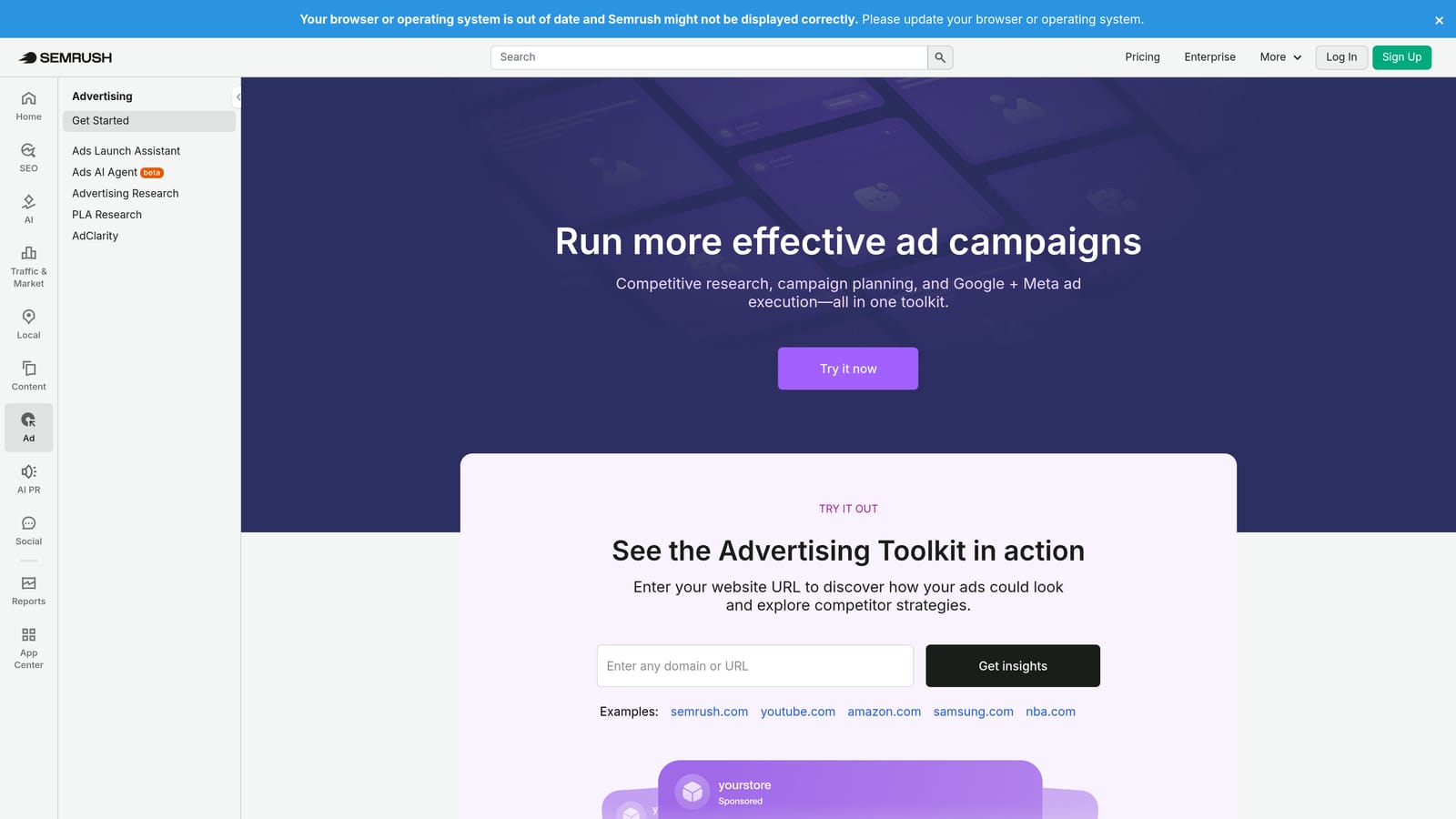 Screenshot of SEMrush (Advertising Toolkit) website