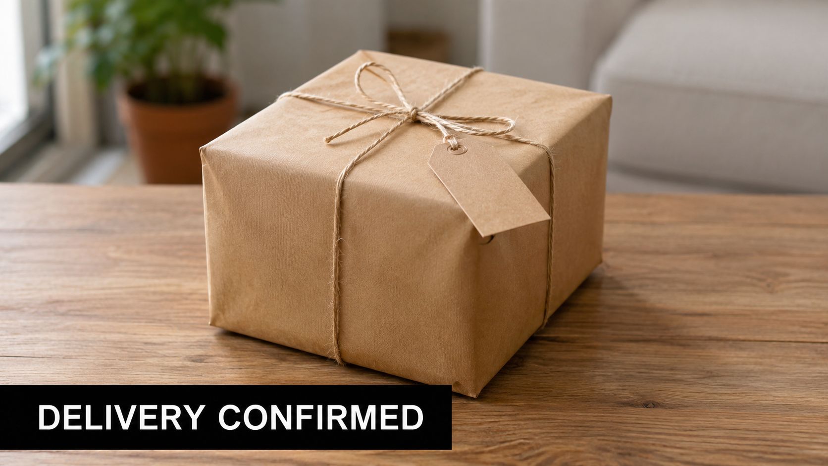 A wrapped brown paper gift box with string and a tag sitting on a wooden table.