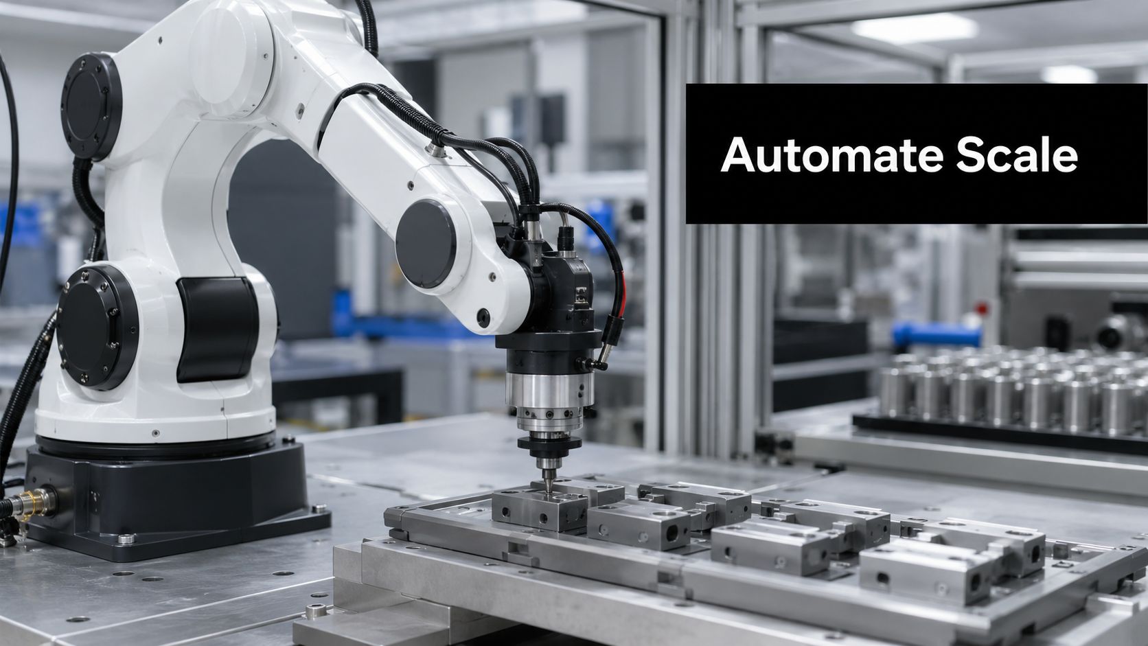 A robotic arm performing precise manufacturing tasks on metal components in an automated factory environment.