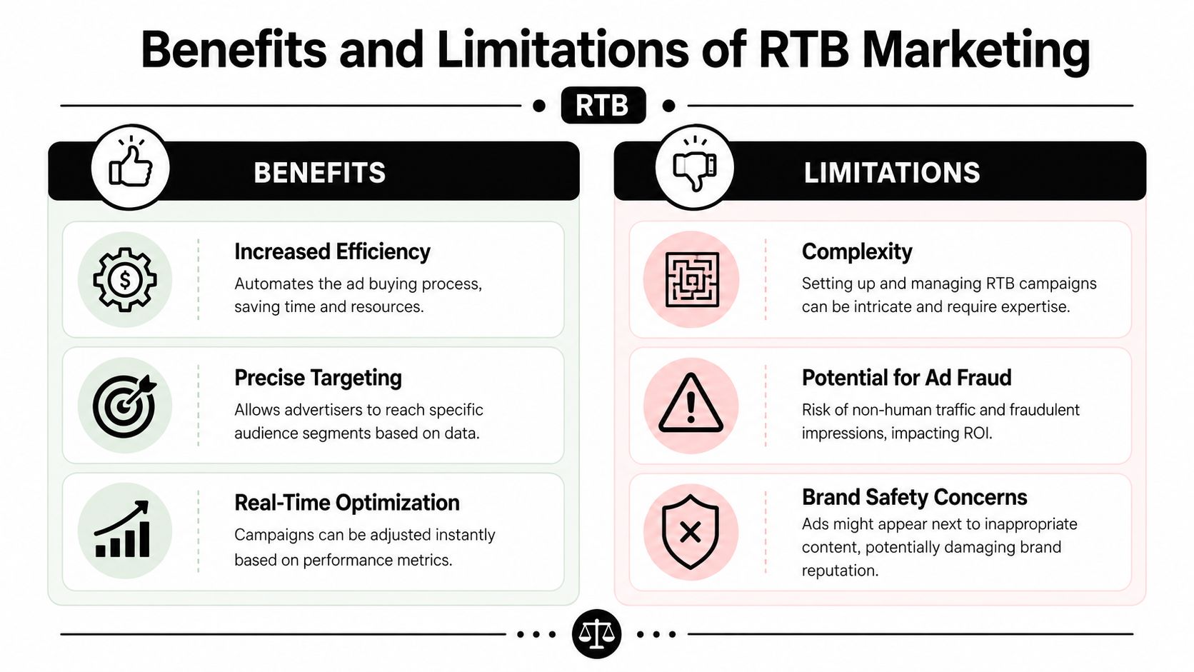 An infographic titled Benefits and Limitations of RTB Marketing comparing pros and cons of programmatic advertising.