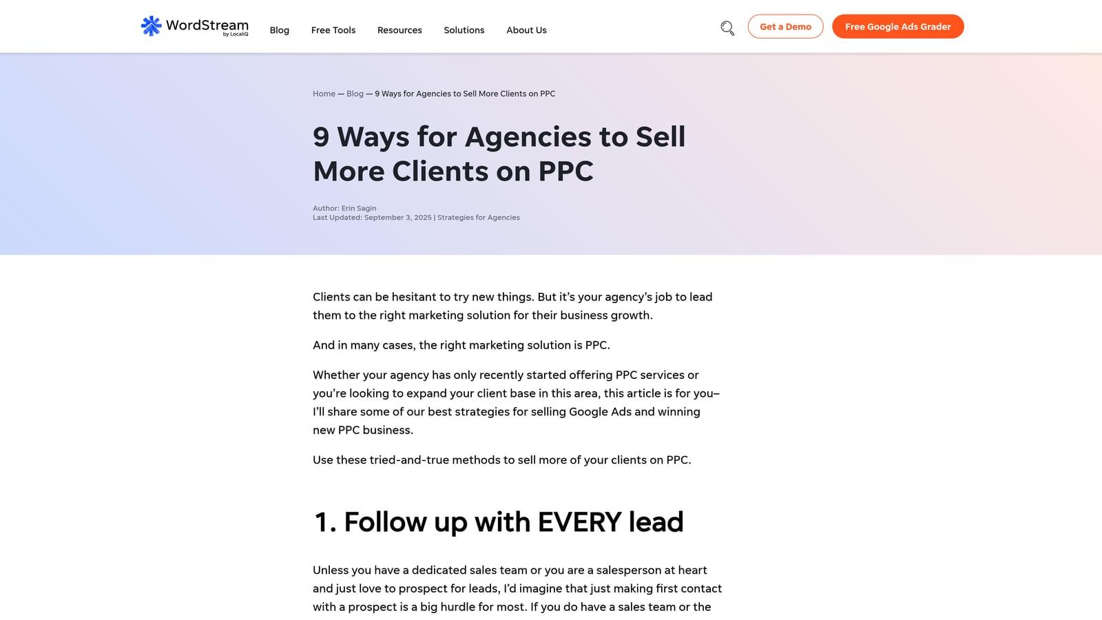 Screenshot of WordStream Advisor for Agencies website