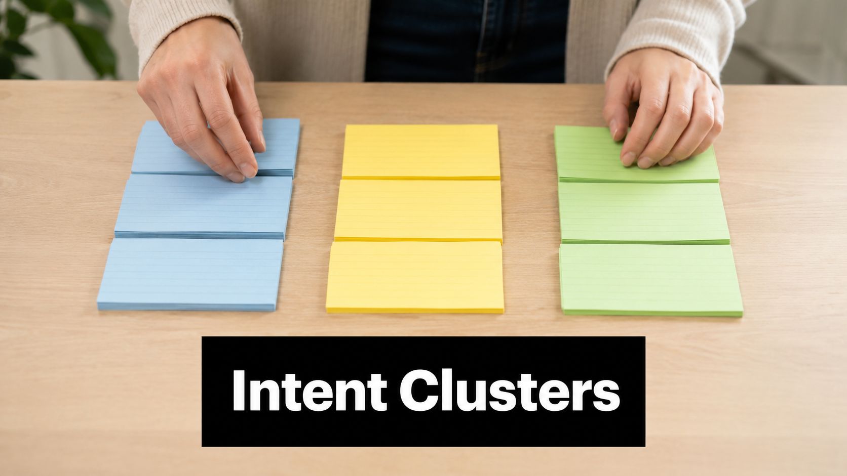 A person sorting colored index cards into piles on a wooden desk to organize intent clusters.
