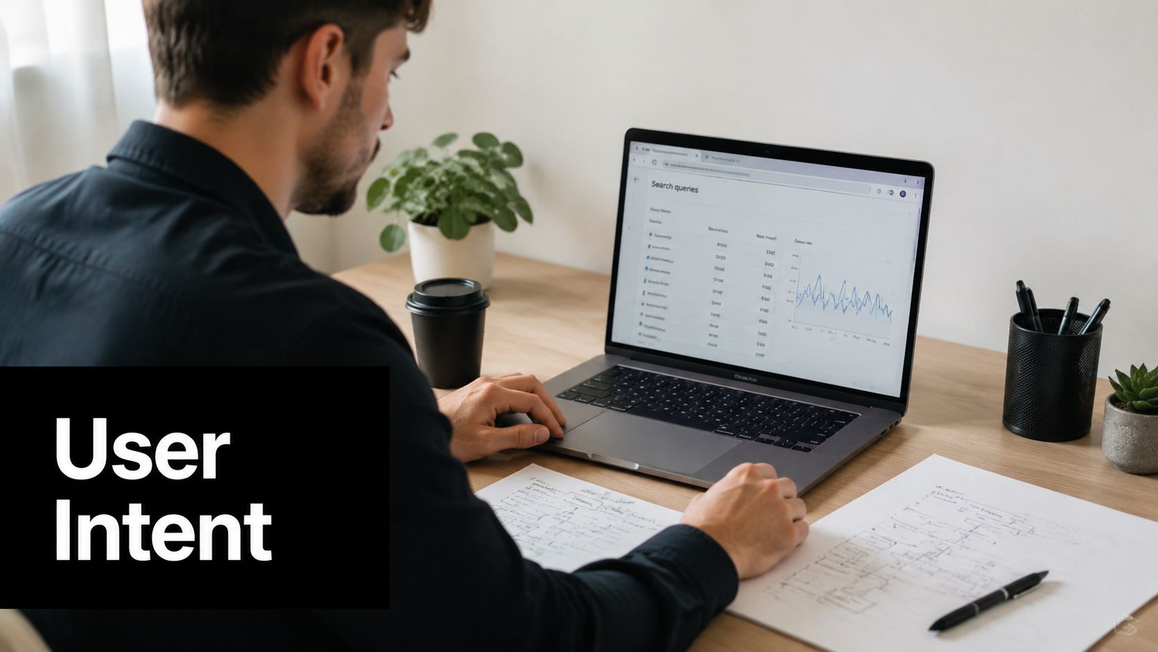 A professional analyzing search query data and performance metrics on a laptop at a wooden desk.
