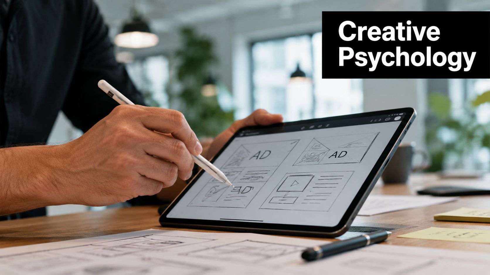 A professional designer uses a stylus to sketch digital wireframe layouts for advertisements on a tablet device.