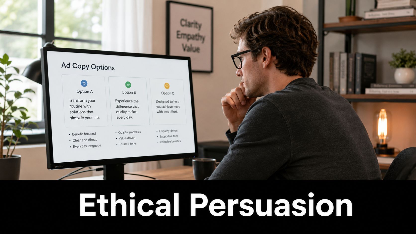 A professional analyzing ad copy options on a computer screen for an ethical persuasion marketing project.