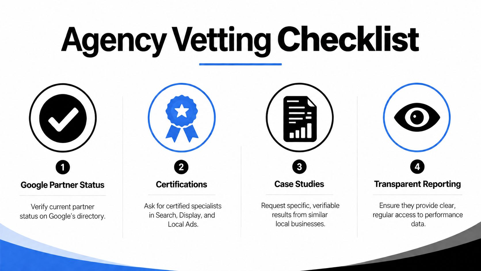 An infographic titled Agency Vetting Checklist outlining four key steps for choosing a digital marketing agency.
