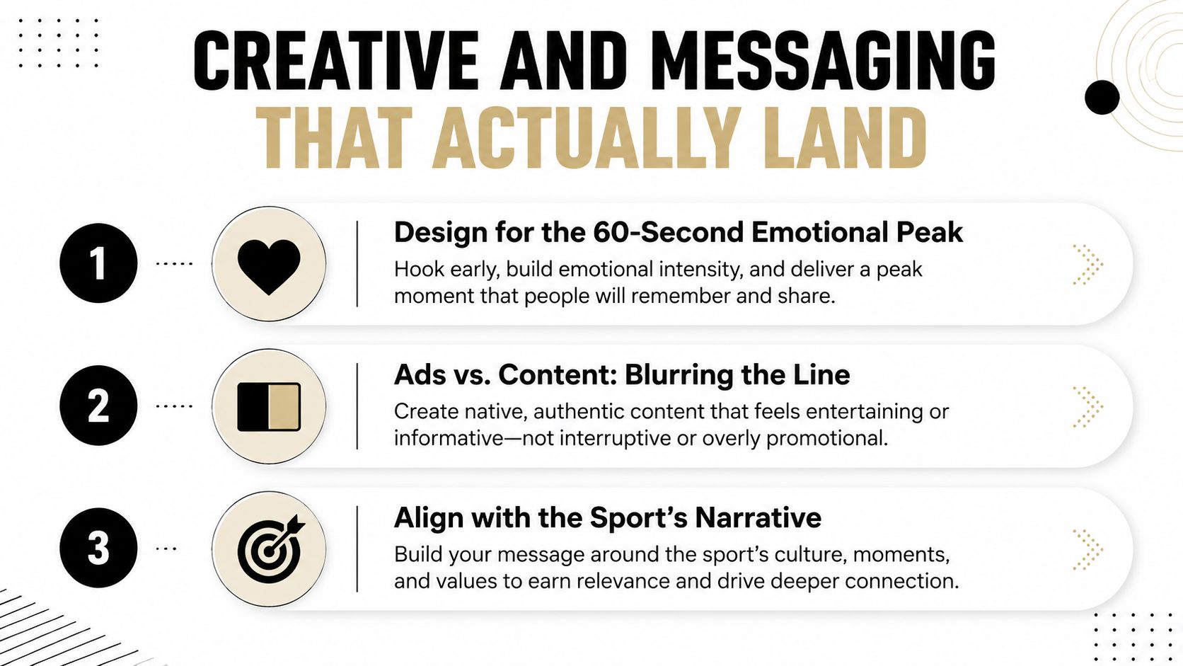 A graphic design outlining three strategic pillars for creating effective sports advertising and messaging campaigns.