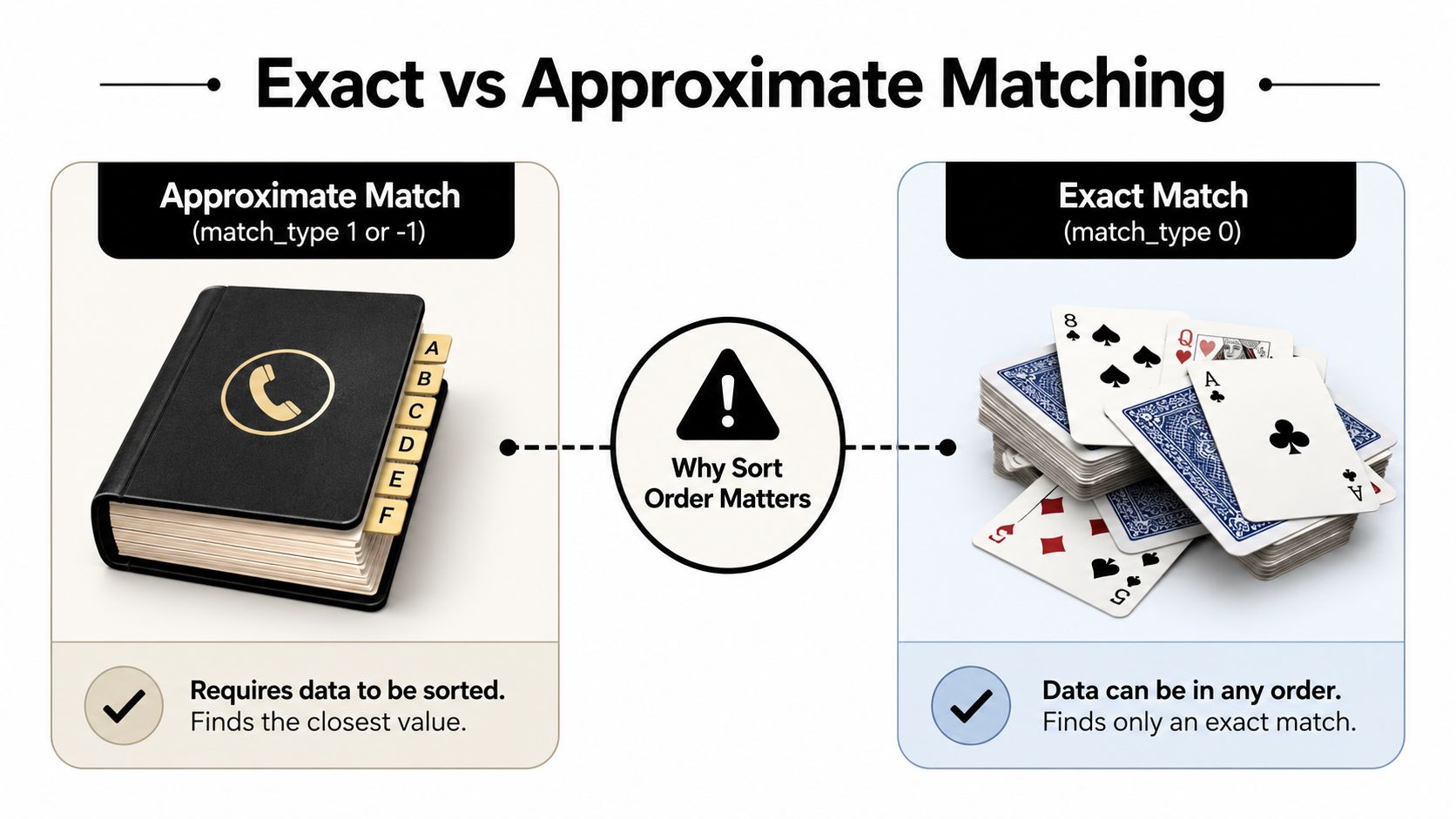 An infographic comparing exact and approximate matching in Excel using a phone book and playing cards.