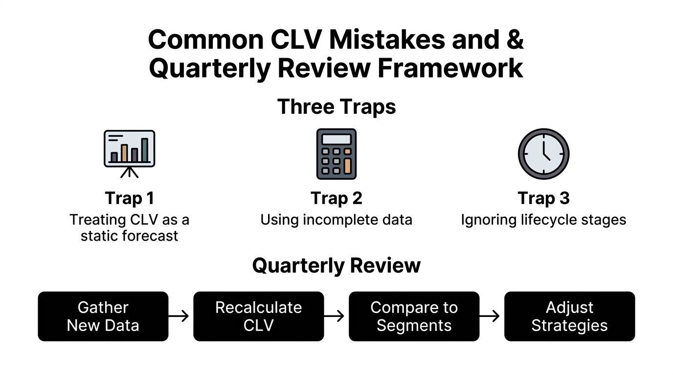 A diagram illustrating common CLV mistakes to avoid and a four-step quarterly review framework process.