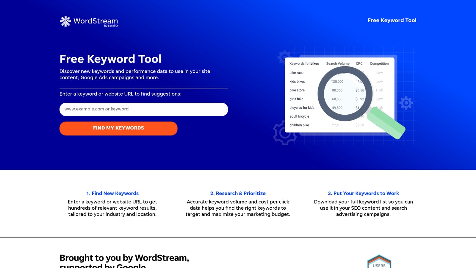 Screenshot of WordStream Free Keyword Tool website