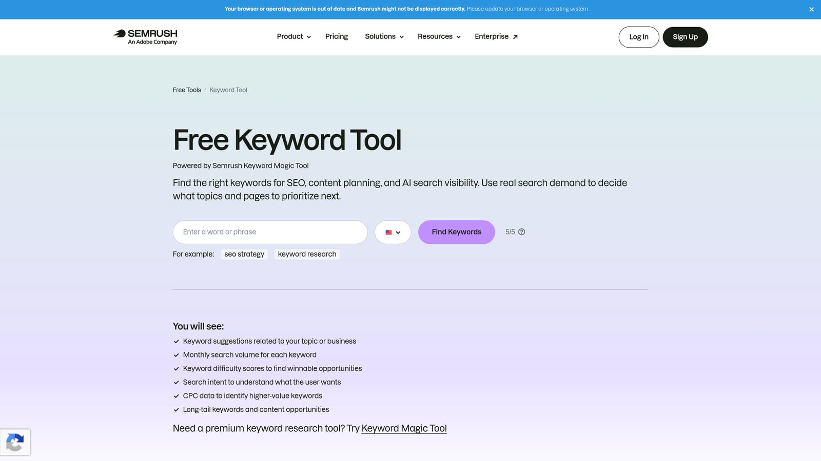 Screenshot of SEMrush Keyword Magic Tool website
