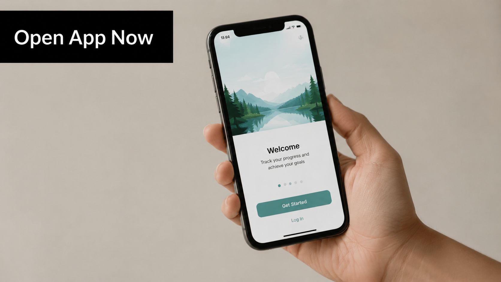 A hand holding a smartphone displaying a mobile app welcome screen with a scenic mountain illustration.