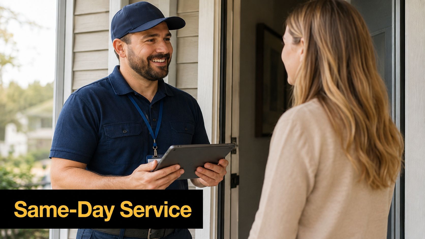 A friendly delivery worker standing at a doorstep holding a tablet while interacting with a customer.