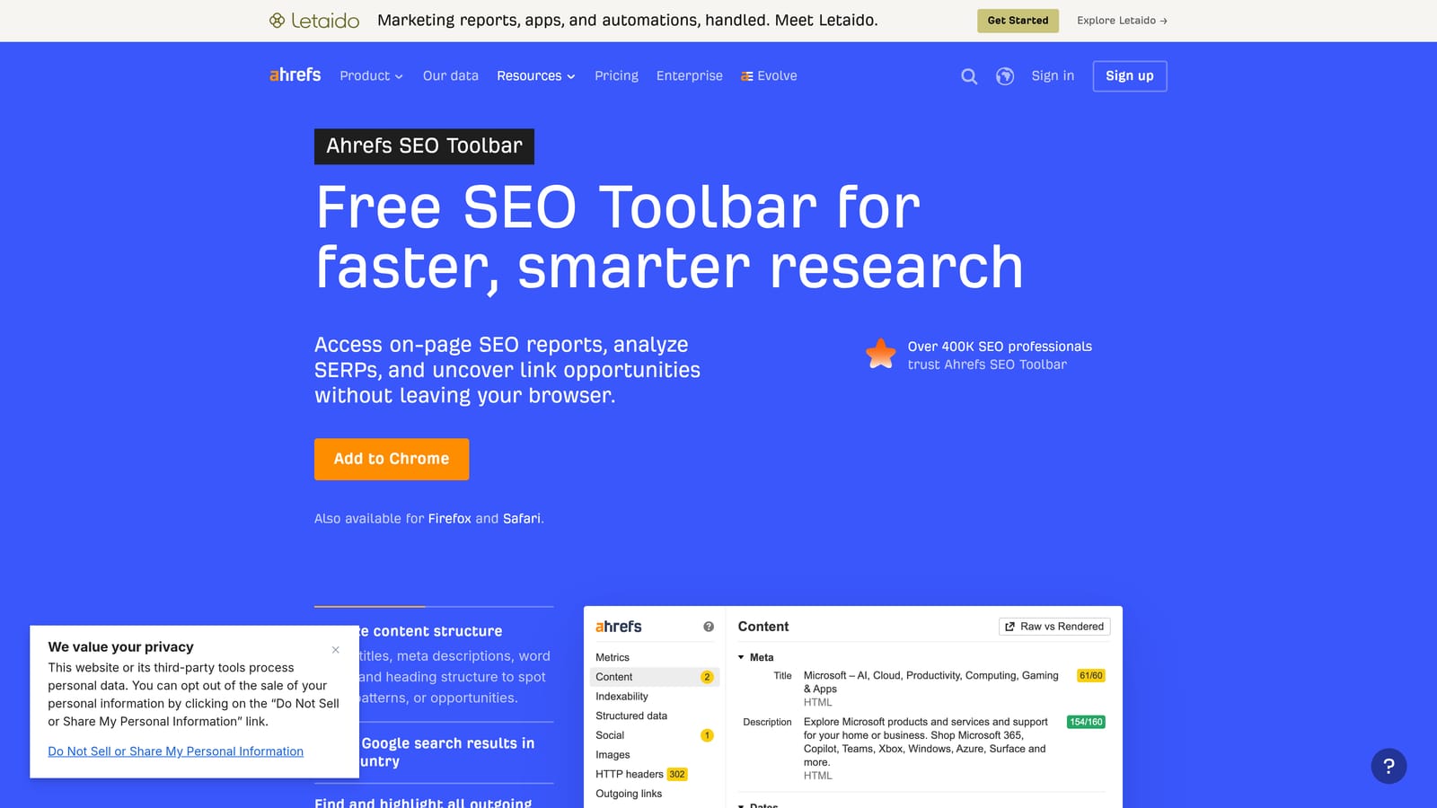 Screenshot of Ahrefs SEO Toolbar website