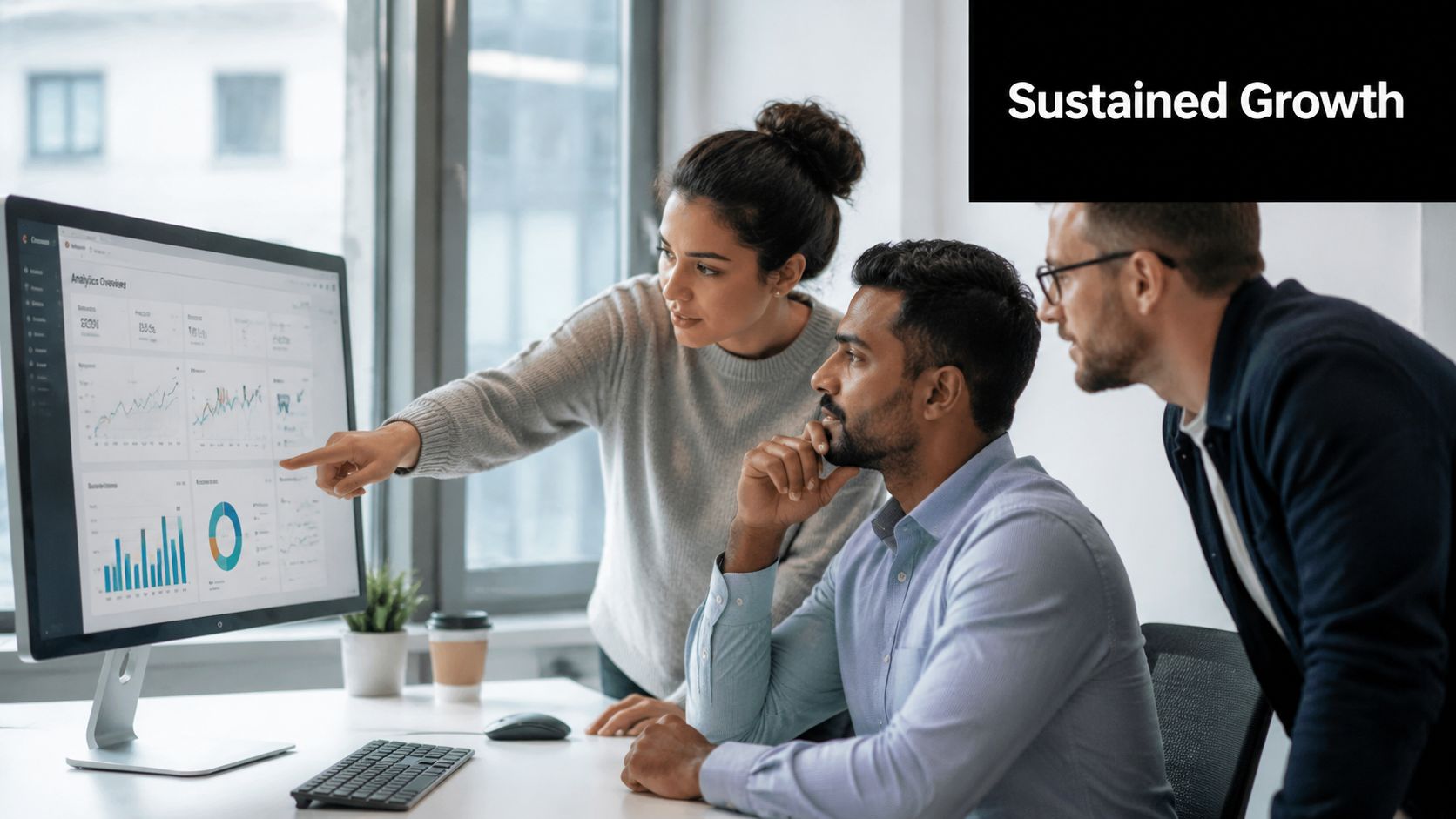 A diverse team of professionals analyzing data charts on a computer screen in a bright modern office.