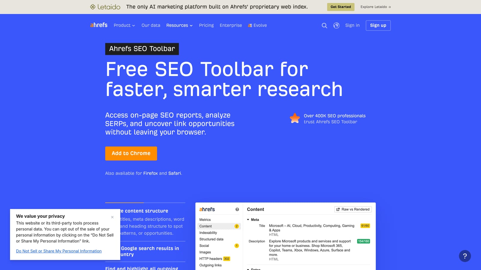 Screenshot of Ahrefs SEO Toolbar website