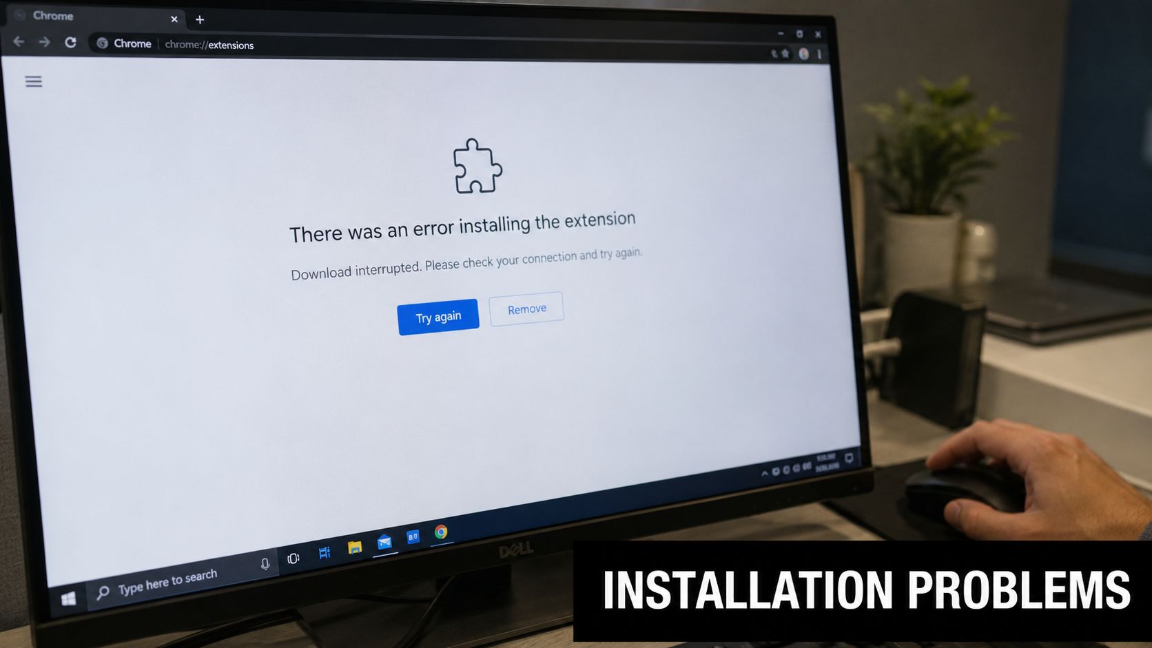 A computer screen displaying a Google Chrome error message about a failed extension installation due to connectivity.
