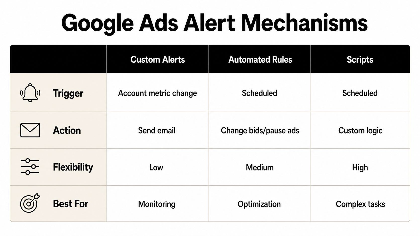 A table comparing Custom Alerts, Automated Rules, and Scripts as Google Ads alert management mechanisms.