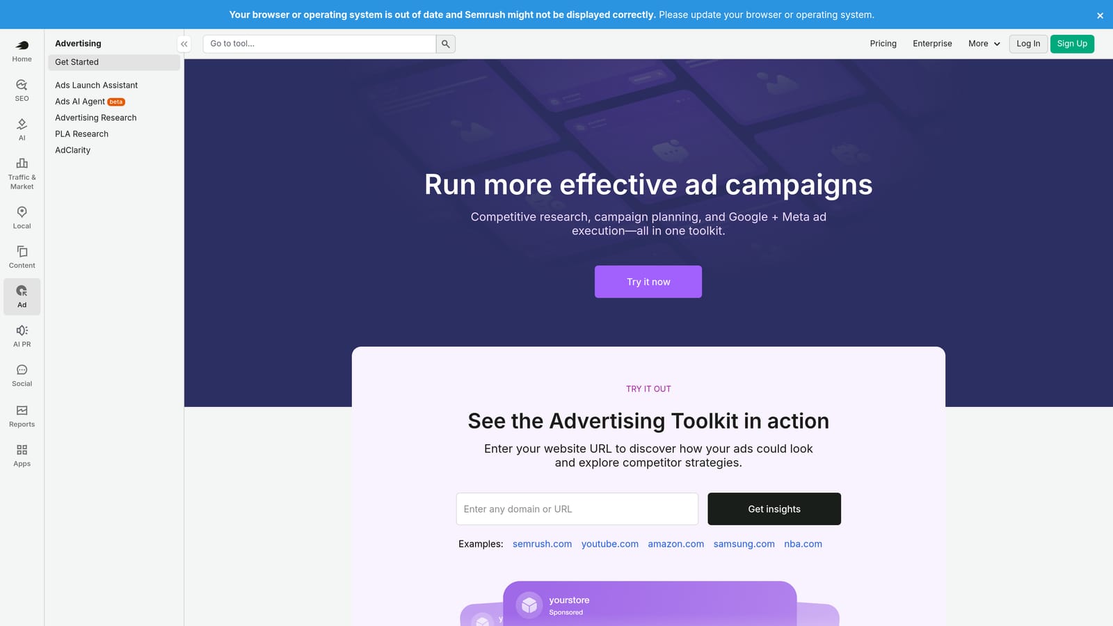 Screenshot of SEMrush Advertising Toolkit website