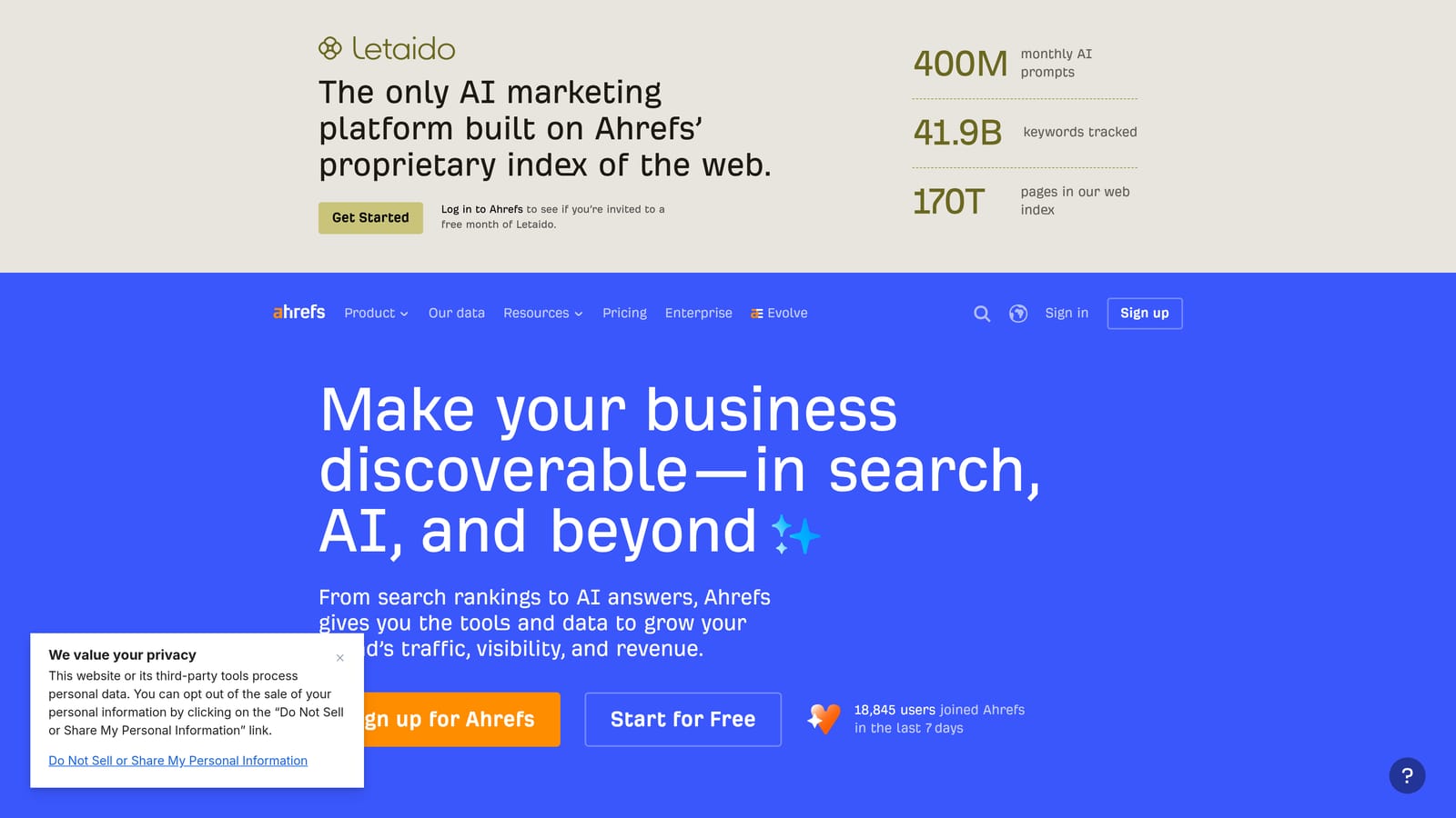 Screenshot of Ahrefs website
