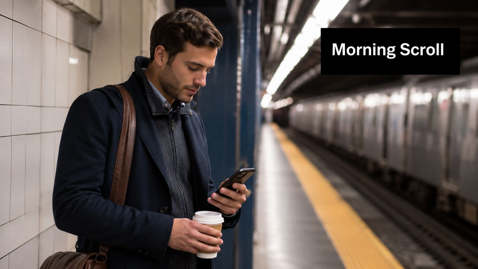 A man in a coat stands on a subway platform looking at his smartphone while holding coffee.