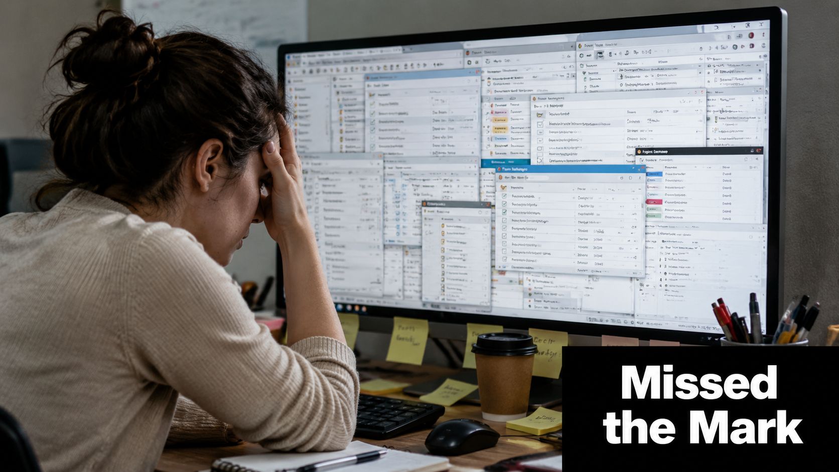 A woman appearing stressed while looking at a computer screen filled with many open digital windows.