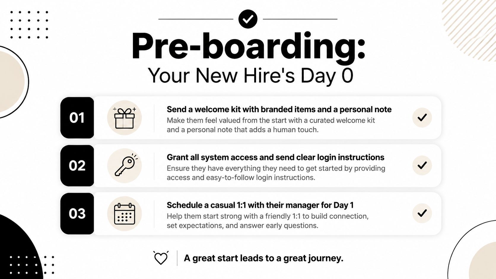 A checklist graphic titled Pre-boarding detailing three key steps for preparing new team members for Day 0.