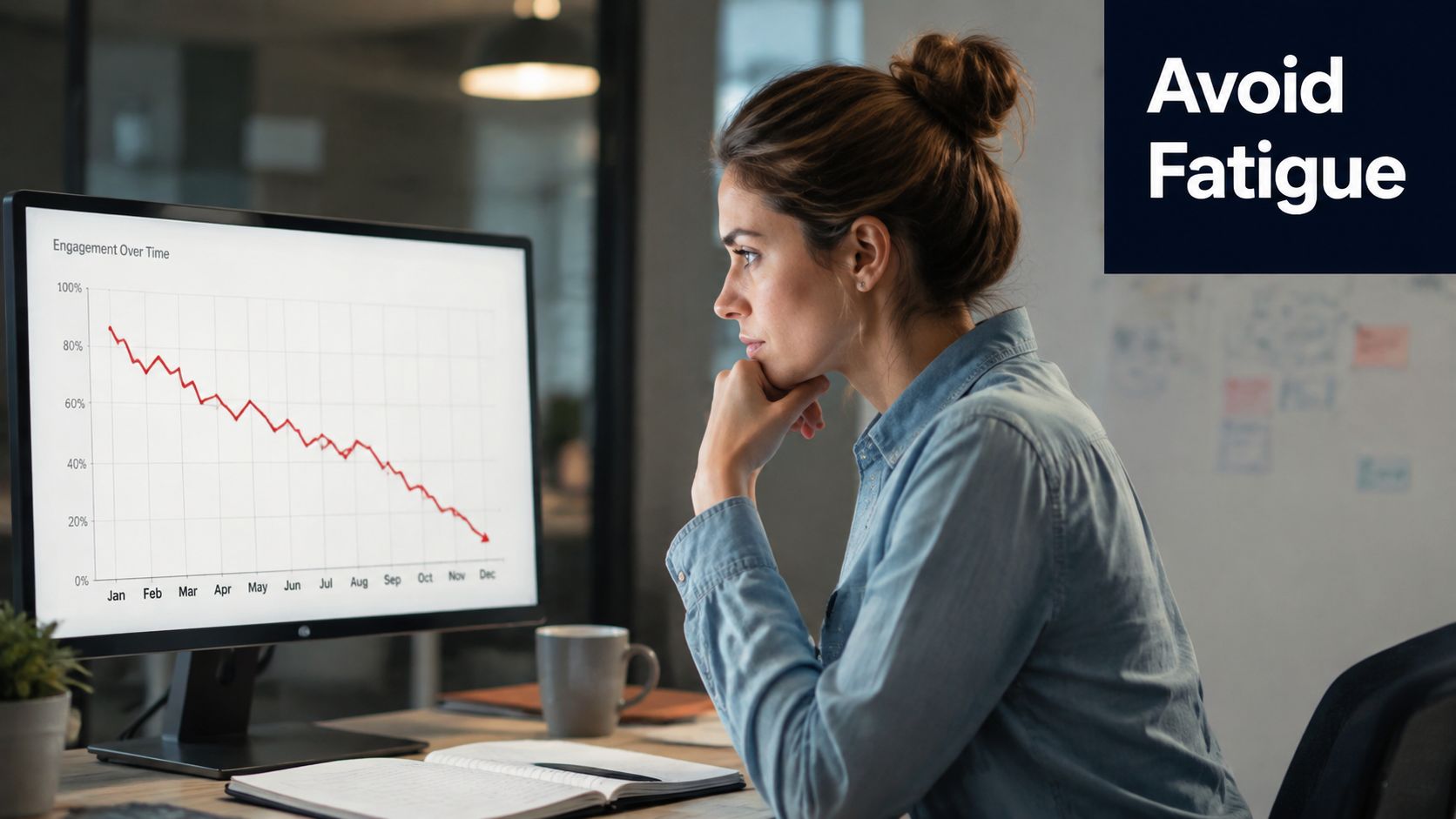A focused woman looking at a declining engagement line chart on her computer screen in an office.