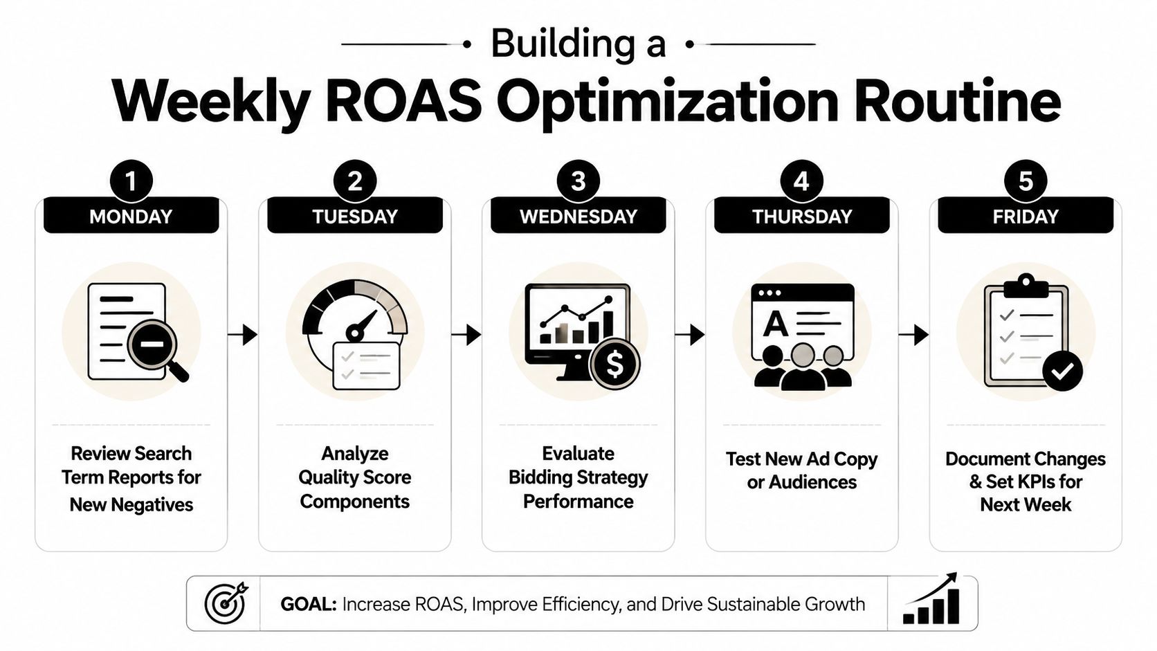 A weekly chart outlining a five-day ROAS optimization routine for digital advertising performance and sustainable growth.