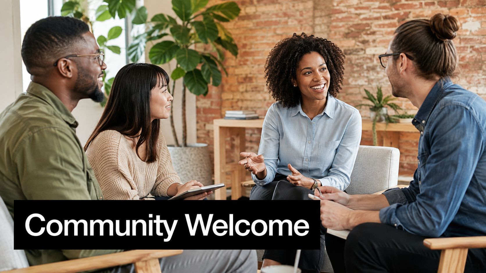 A diverse group of four people having a friendly and professional meeting in a bright office space.