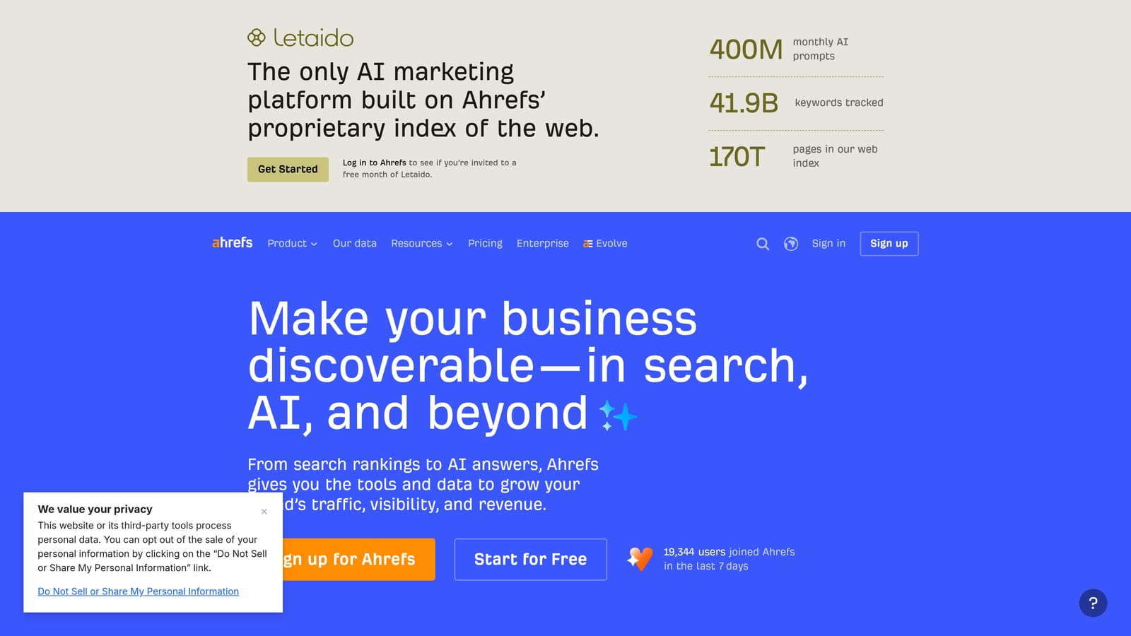 Screenshot of Ahrefs website