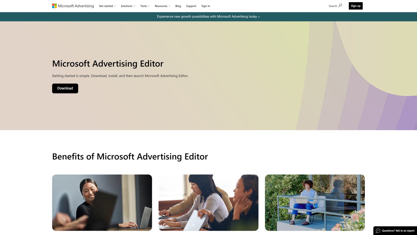 Screenshot of Microsoft Advertising Editor website