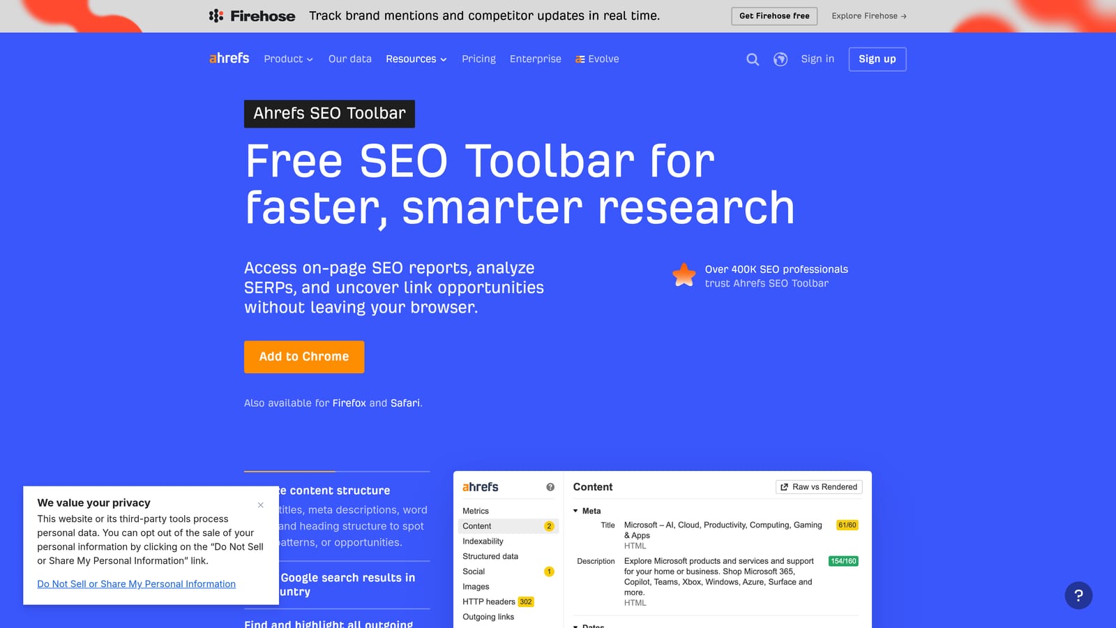 Screenshot of Ahrefs SEO Toolbar website